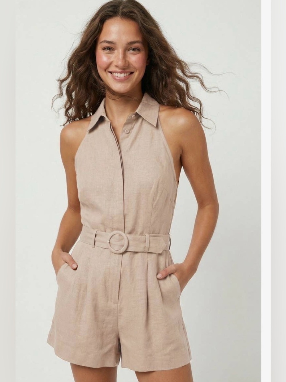 500. Naked Zebra, Taupe Linen Blend Halter Romper Size s m l